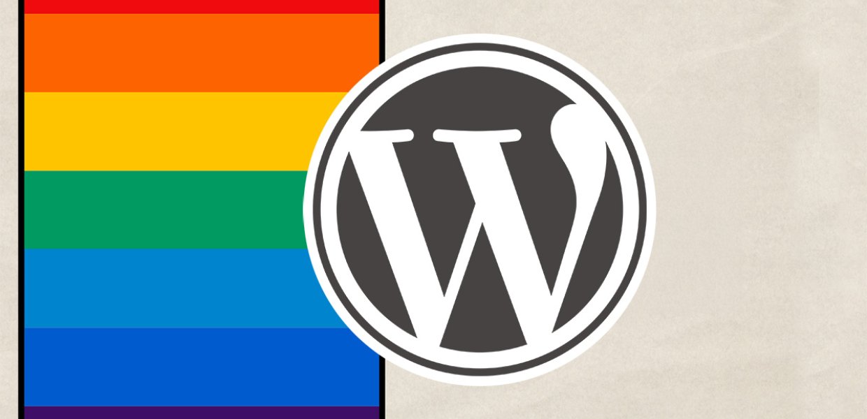 Wordpress logo against a beige background with a rainbow banner to the left
