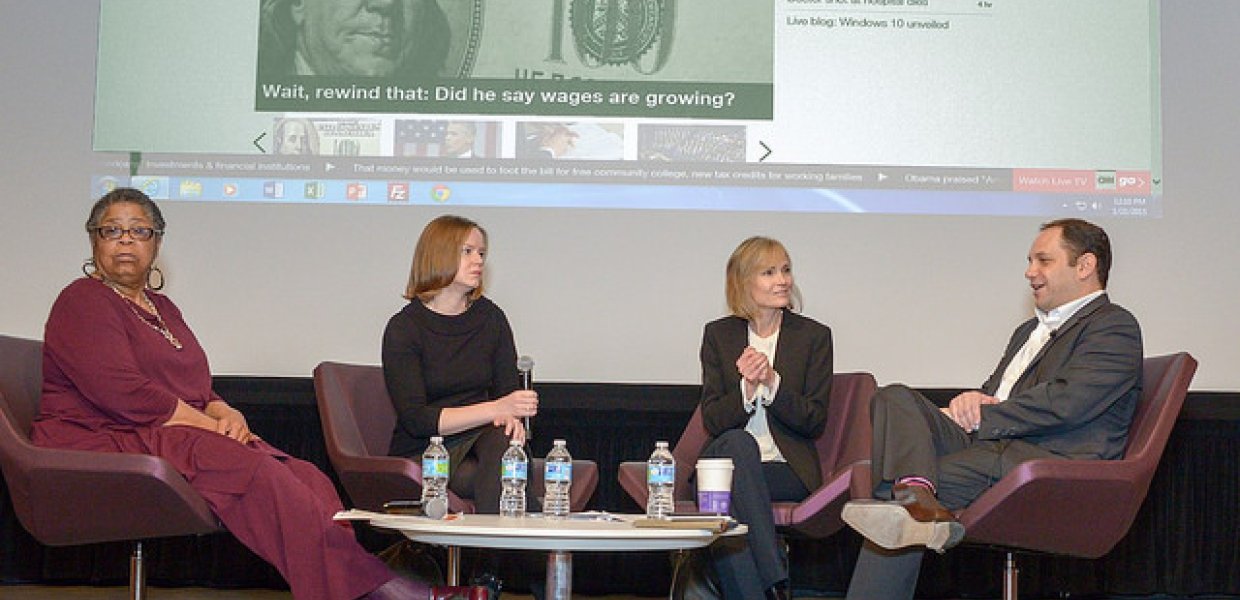 (left to right) USC Annenberg School for Communication and Journalism professor Erna Smith, CNN producer Wendy Brundige, Journalism School Director Willow Bay, and Senior VP for Editorial CNN, Andrew Morse at a journalism forum held on January 21, 2015 at Wallis Annenberg Hall. (Brett Van Ort/USC Annenberg)