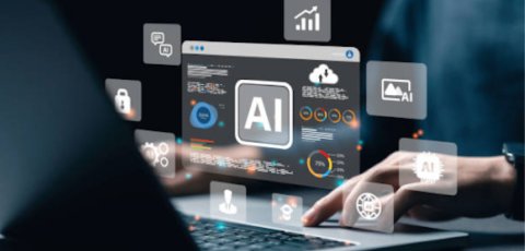 Someone typing on a computer with icons suspended in the air above it, including one that says "AI"