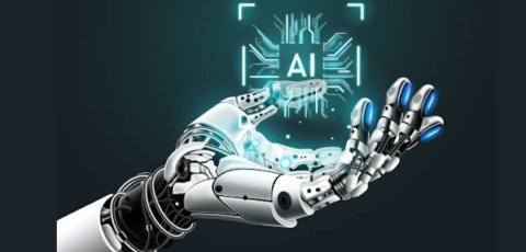 A robotic hand holding a blue AI symbol