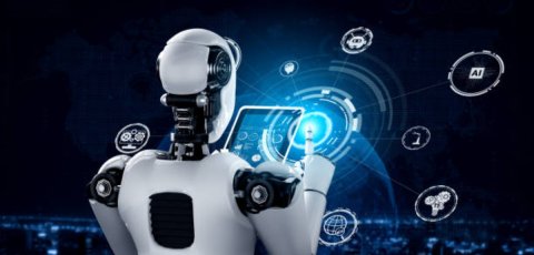 A robot with an electronic tablet. 