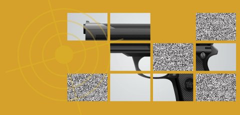 collage of hand gun on yellow backdrop with tv noise in some four squares of a 4x3 grid