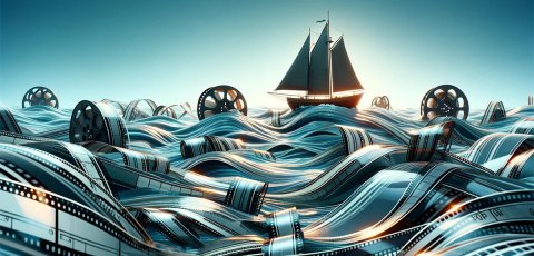 Ship sailing on an ocean of film reels