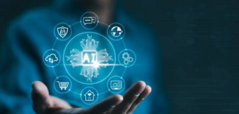 A person holding a glowing, floating circle of symbols in their hand (a globe, a shopping cart, a cloud) around the word "AI"