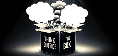 Box exploding with the words "Think outside the box" written onto it