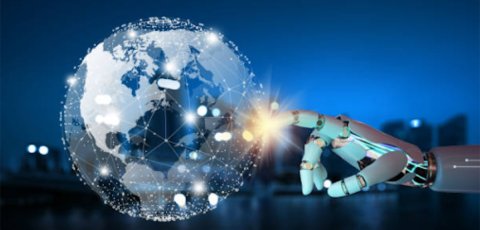 A robotic hand touching a globe