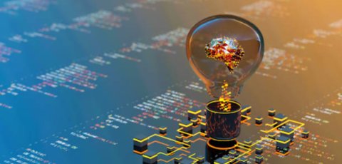 A lightbulb with a brain inside of it, on top of a reflective board with code written in it