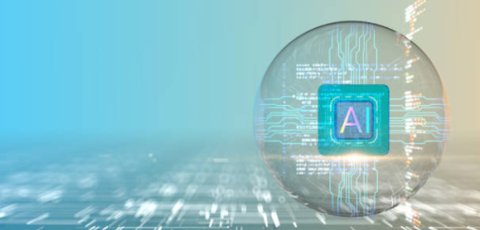 A bubble with the word "AI" inside of it, floating above a blue and white plain against a blue background