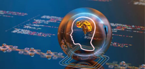 An outline of a human head in a crystal ball, on top of a board of computational circuitry