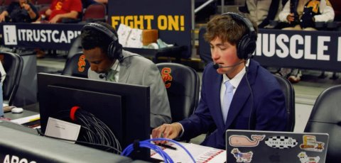 USC Dornsife student Andrew Giesler (right) is part of USC’s Big Ten Network StudentU program, a sports production program that streams more than 2,500 live events each year.