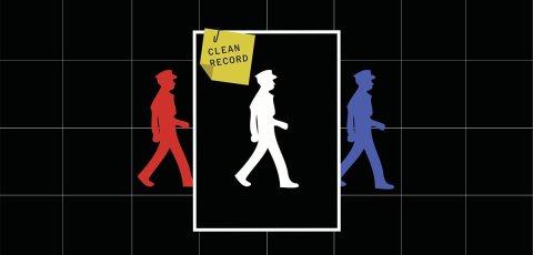 Illustration that features figures rotating through a box labeled "clean record"