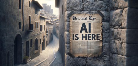 A newspaper that reads "AI IS HERE"