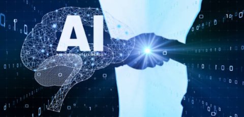 Two shadowed figures shaking hands with a brain and "AI" labeled on the brain