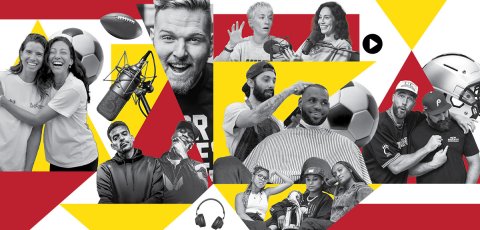 A collage of black and white photos of famous athletes who own their own media platforms over geometric gold and cardinal shapes.