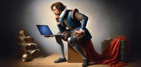 Shakespearean man on laptop