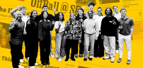 A collage shows a black and white image of students and faculty posing for a group photo over a gold news paper-like collage with the words "OffBall @ USC" visible.