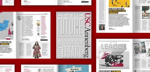 Collage of USC Annenberg 50th Anniversary Issue with multiple pages laid horizontally