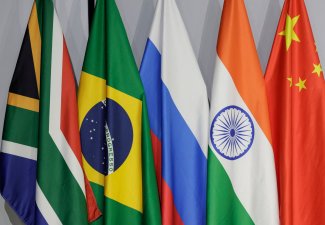 The flags of the BRICS countries (BRICS being an acronym for the five members) Brazil, Russia, India, China and South Africa