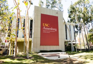 East side wall banner of USC Annenberg School for Communication and Journalism