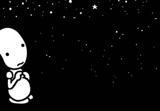 Illustration of a cartoon in a dark star filled sky