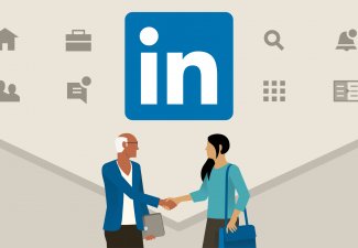 LinkedIn graphic with two people shaking hands and logos of LinkedIn's features on the side