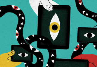 Graphic of smart devices with eyes being held by hands with snakes weaving between them