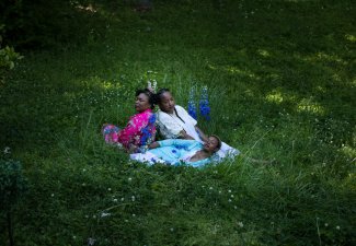 Three people laying in grass