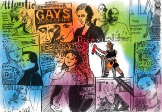 Collage of different moments in LGBTQ+ history