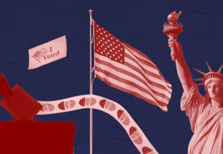 Graphic of an American flag, the Statue of Liberty, an "I voted" sticker, and a ballot box