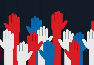 Photo of raised hands in white, blue, and red colors
