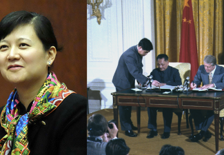 Collage of Gu Jun and a photo of the Carter-Deng agreement being signed