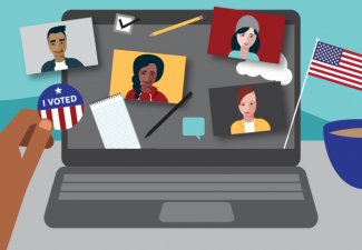 Illustration of a virtual election day town hall. A laptop computer rests next to a cup of coffee and a person holding an "I voted" sticker to a computer screen