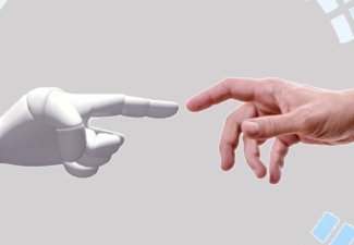 A robot hand touching a human hand. 