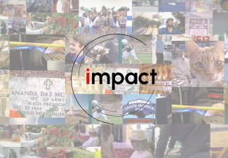 The Impact logo on a collage background of different events