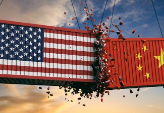 Illustration of two cargo containers, one painted like an American flag and one painted like a Chinese flag, crashing into eachother