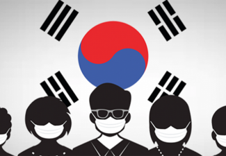 Illustration of the South Korean flag with five people standing in front of it with facial coverings