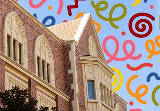 Wallis Annenberg Hall exterior with a fun patterned background behind it