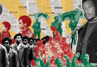 Illustration depicting "black liberation" with a collage of influential leaders
