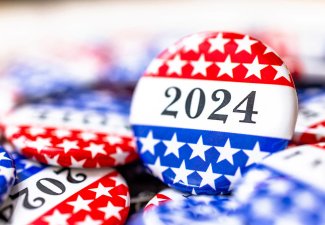 Election buttons that read "2024"