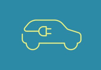 Yellow car symbol with a plug inside of the graphic against a blue background