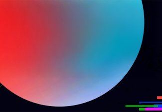 A circle with a blue and red gradient against a black background, with a glitchy pattern in the corner