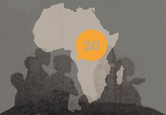 Map of Africa accompanied by a yellow speech bubble containing the word "30", as well as shadows of multiple children.