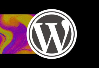 Wordpress logo against a black background, with an abstract neon pattern to the left