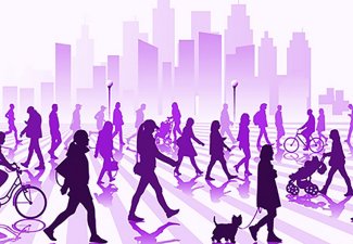 Illustration of people walking and riding bikes across a street with a city skyline in the back