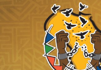 Two hands breaking out of chains with birds flying above them, and a map of Africa behind it