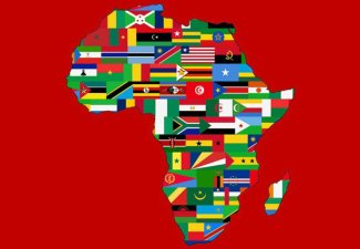 A map of Africa, containing the different countries within's flags, against a red background