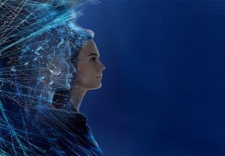 A woman's face emerging from a web of futuristic blue string