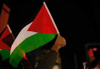 Photo of Palestinian flags being waved