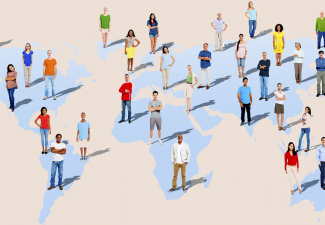 Illustration of a world map with people standing in every continent