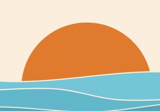 Stylized illustration of an orange sun setting over blue waves against a beige sky.